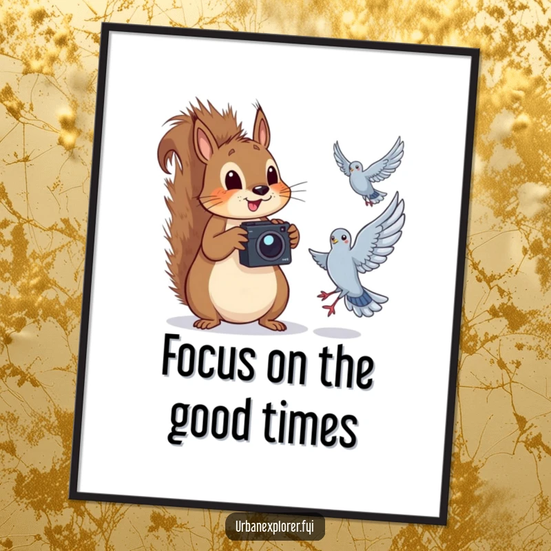 Funny Free Printable Wall Art: A playful squirrel with a camera captures a pigeon mid-flight, creating a comical scene.