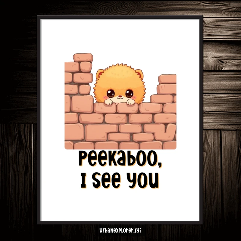 Funny Free Printable Wall Art: Small orange fluffy creature with big eyes peeking from a brick wall. A cute and downloadable decor piece.