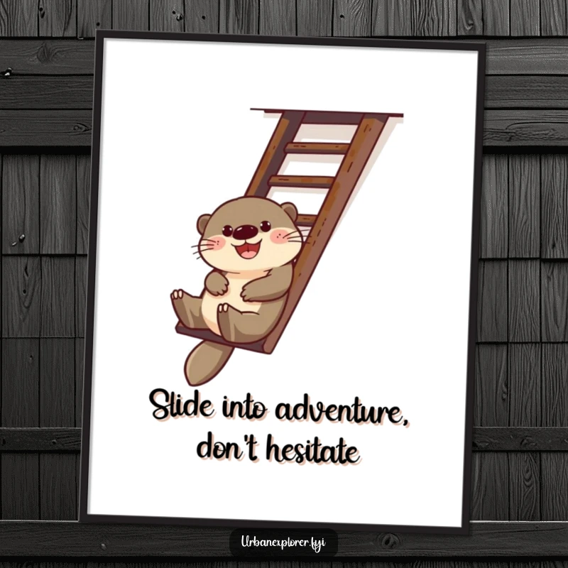 Funny free printable wall art of a happy otter sliding down a rusty fire escape ladder, embodying urban fun.
