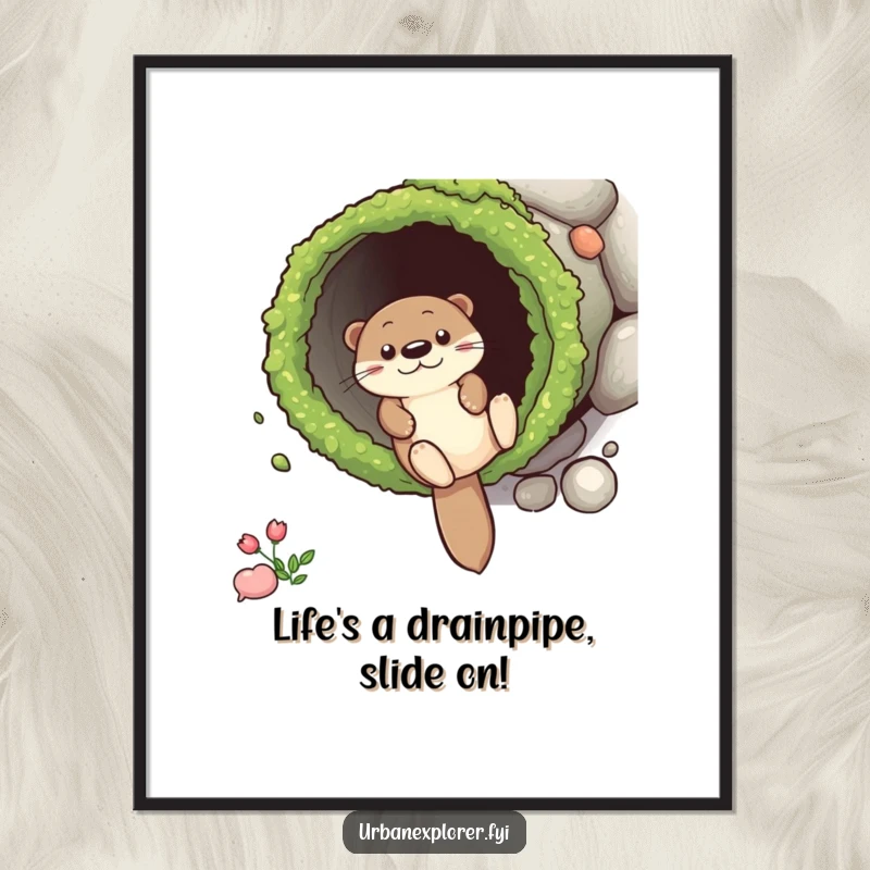 Funny Free Printable Wall Art: An otter joyfully slides down a moss-covered drainpipe, showcasing a hilarious and dynamic moment for your decor.