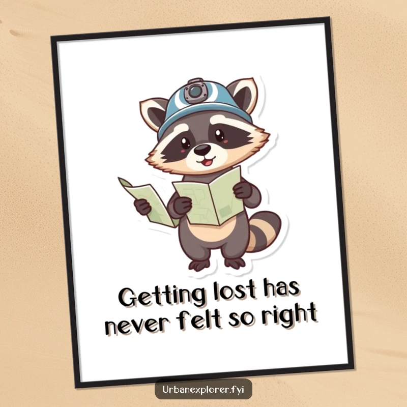 Funny Free Printable Wall Art of a playful raccoon in a helmet holding a map, pointing the way. Hilarious downloadable adventure decor.