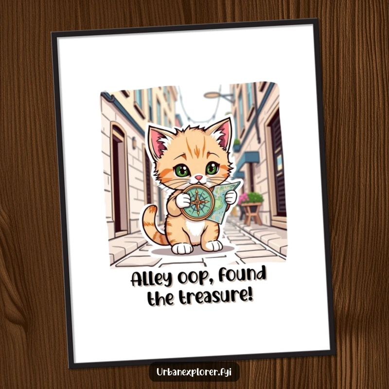 Funny Free Printable Wall Art: A playful kitten with a compass and map explores a city alley, capturing a sense of urban adventure.