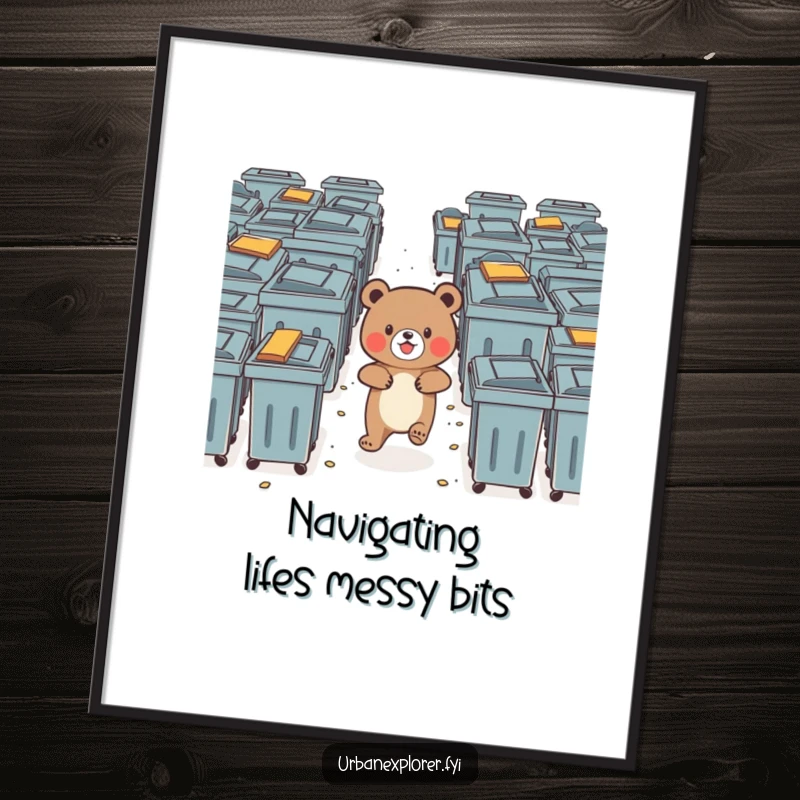Funny Free Printable Wall Art: A brave little bear navigates a maze of dumpsters with evident delight and curiosity.