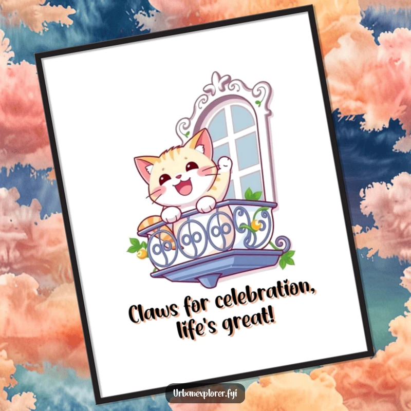 Funny Free Printable Wall Art: A gleeful cat determinedly rappelling down a decorative balcony, ready for action.