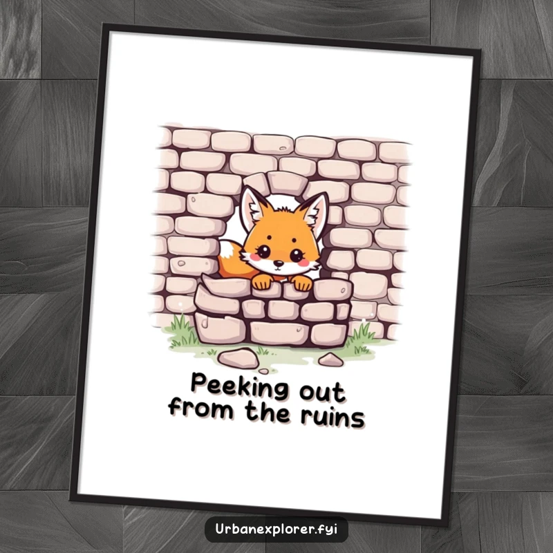 Funny Free Printable Wall Art: A small, adorable Kawaii fox peeking playfully from behind a textured, crumbling brick wall.