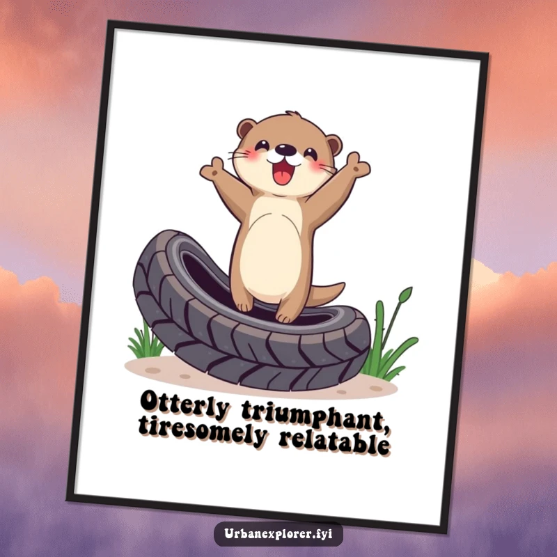 Funny Free Printable Wall Art: A delighted otter triumphantly balances on a discarded tire, showcasing a fun accomplishment.