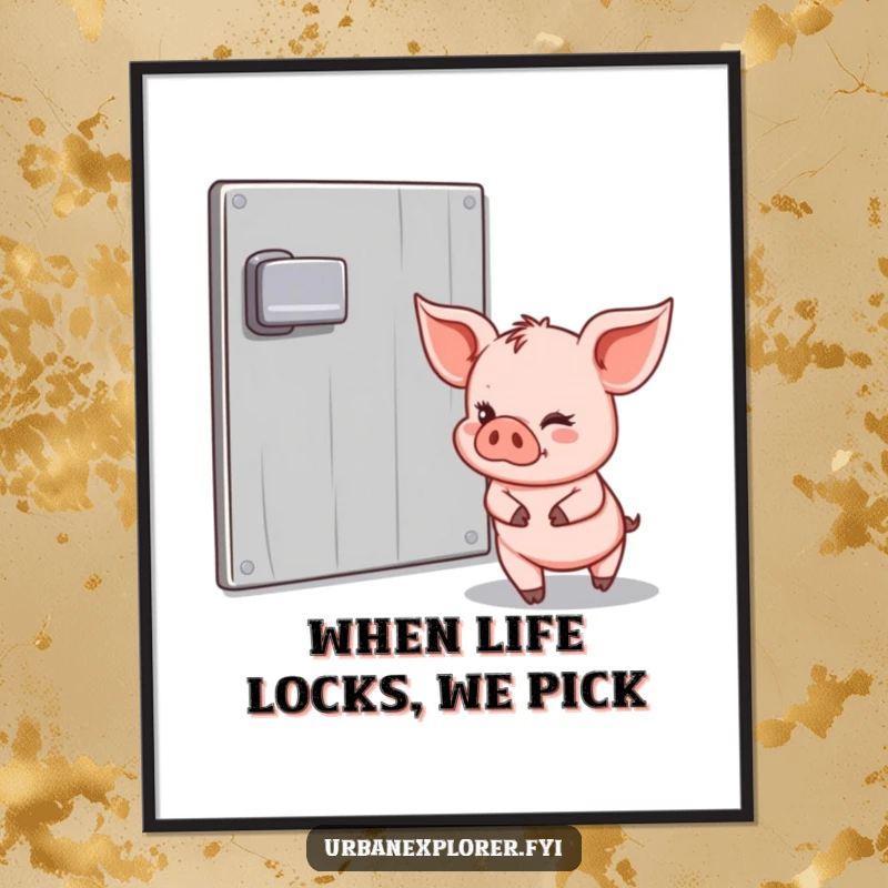 Funny Free Printable Wall Art: A happy piglet tiptoes past a padlocked door with a sly wink, full of mischief.