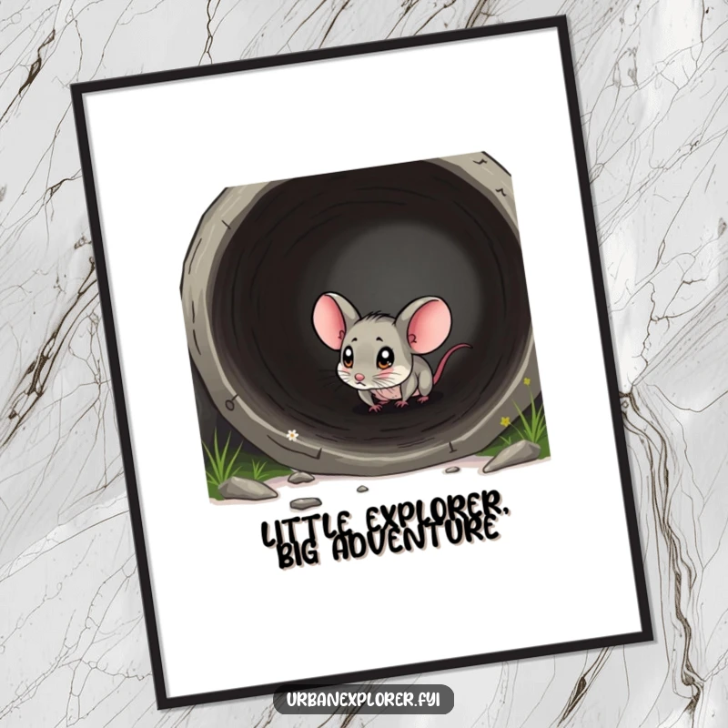 Funny Free Printable Wall Art featuring a tiny mouse exploring a large, discarded pipe with wide, curious eyes, evoking wonder.