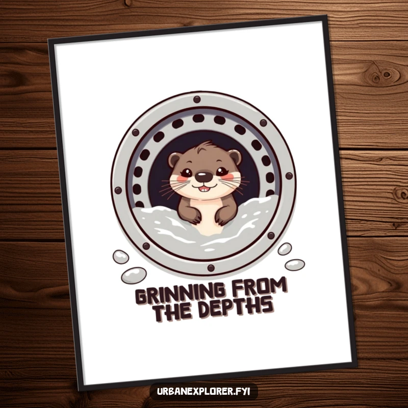 Funny Free Printable Wall Art: A small otter peeks out from a sewer grate, sporting a wide, mischievous grin.
