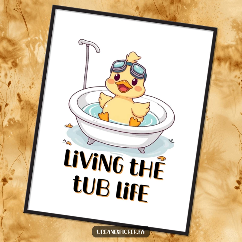 Funny Free Printable Wall Art: Happy Kawaii duck wearing goggles, floating in a tub, creating a relaxing and humorous atmosphere.