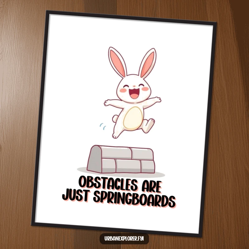 Funny Free Printable Wall Art: A joyous bunny character energetically leaps over a small urban obstacle, capturing a moment of pure fun.