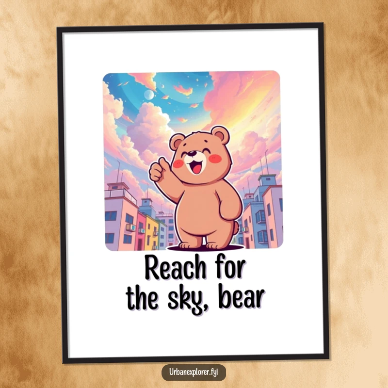 Funny Free Printable Bear Wall Art: Delighted bear points up at surreal colorful sky above buildings, creating a magical scene.