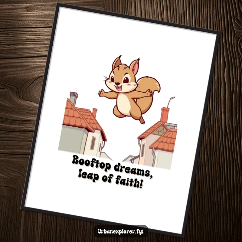 Funny Free Printable Wall Art: Determined squirrel leaping dynamically between two distant rooftops, capturing a moment of bold action.