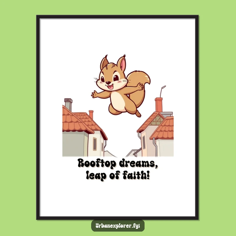 Funny Free Printable Wall Art: Squirrel Rooftop Leap, Humorous Downloadable Decor