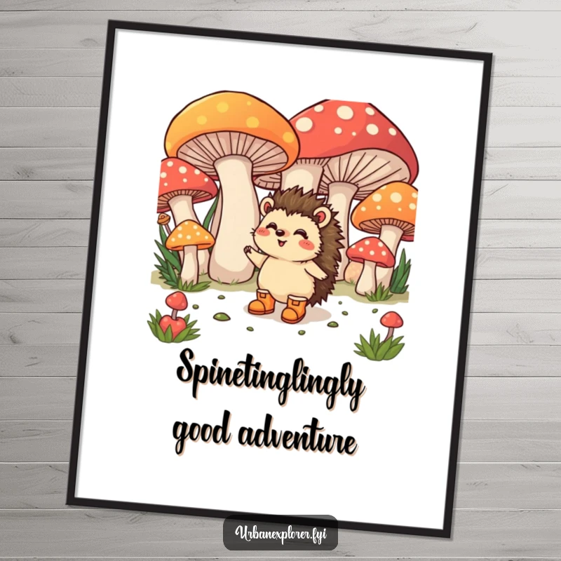 Funny Free Printable Wall Art: A happy hedgehog with tiny boots excitedly wanders through a fantastical landscape of oversized, brightly colored mushrooms.