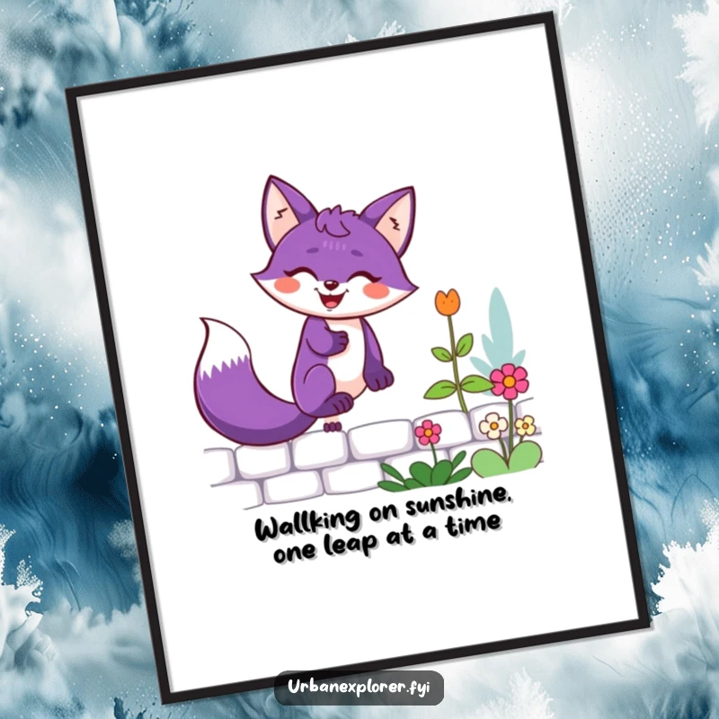 Funny Free Printable Wall Art of a joyful purple fox with a determined grin scaling a low garden wall, adding whimsical charm.