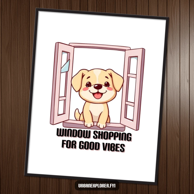 Funny Free Printable Wall Art: A cheerful dog sticks its head out of a broken window, looking out with immense curiosity.