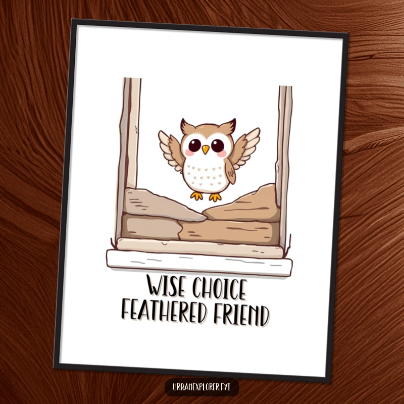 Funny Free Printable Wall Art depicting a joyful owl gracefully landing on a weathered, broken window ledge, adding quirky charm.