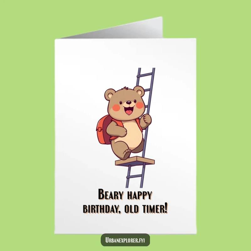 Free Printable Birthday Card: Funny Bear Climbing Fire Escape DIY Downloadable Gift
