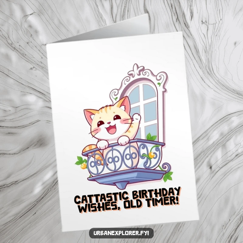 Funny Free Printable Birthday Card: Cat rappelling down a balcony with a determined expression, ready for adventure.