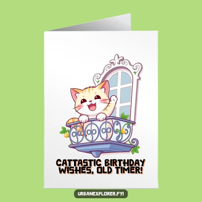 Free Printable Birthday Card: Funny Rapping Cat Climbing Down Balcony