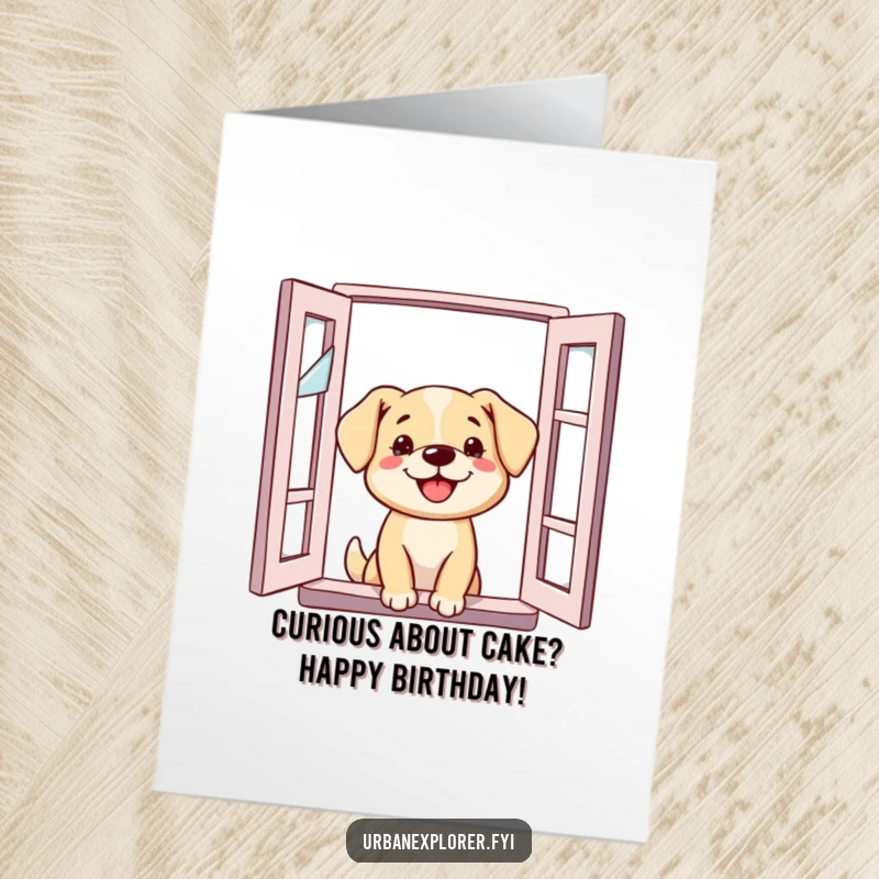 Funny Free Printable Birthday Card: A cheerful dog curiously sticks its head out of a broken window, eager to celebrate.