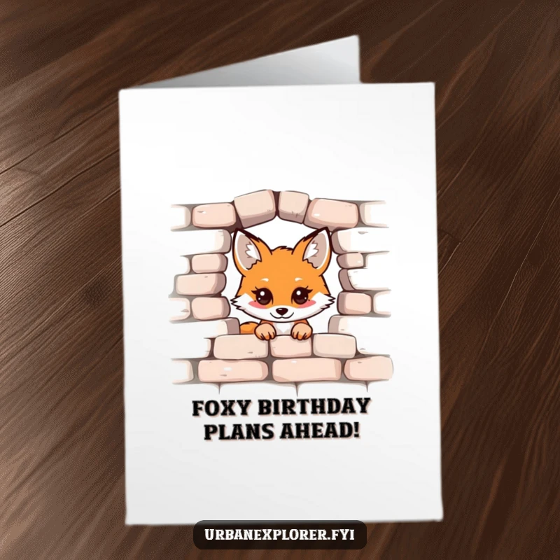 Funny Free Printable Birthday Card: Kawaii fox peeking mischievously from a broken brick wall, ready to surprise.