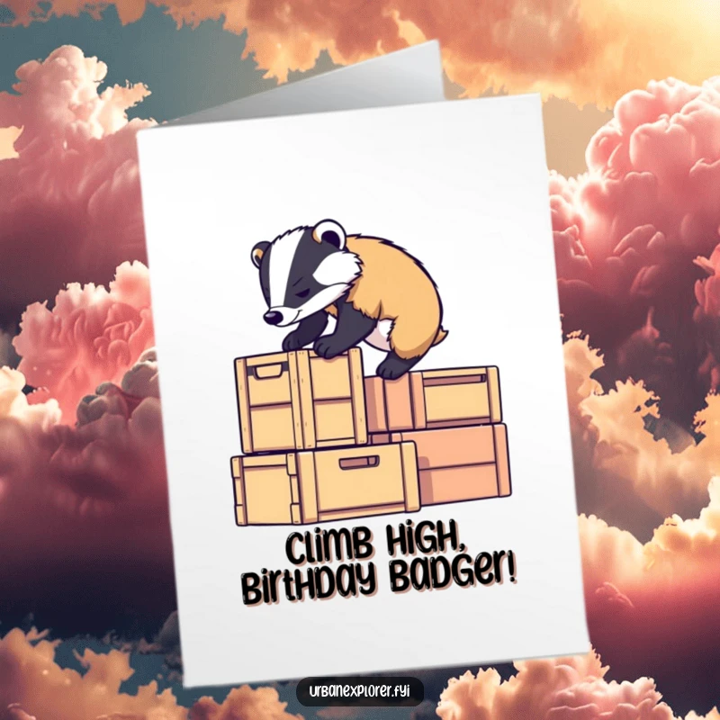 Funny Free Printable Badger Birthday Card: Determined badger climbs stacked crates, reaching for birthday fun.