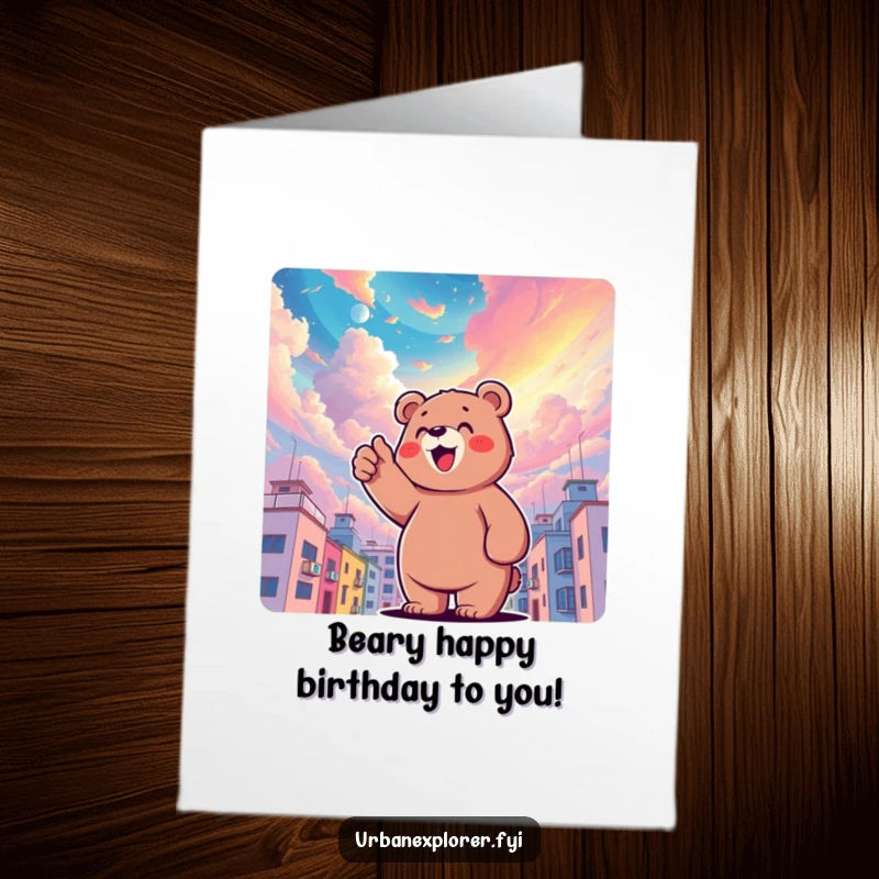 Funny Free Printable Bear Birthday Card: Delighted bear points up at surreal colorful sky above buildings, celebrating.
