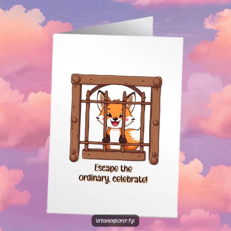 Funny Free Printable Birthday Card: A brave fox with a huge smile peeks through rusty bars, hinting at a fun birthday surprise.