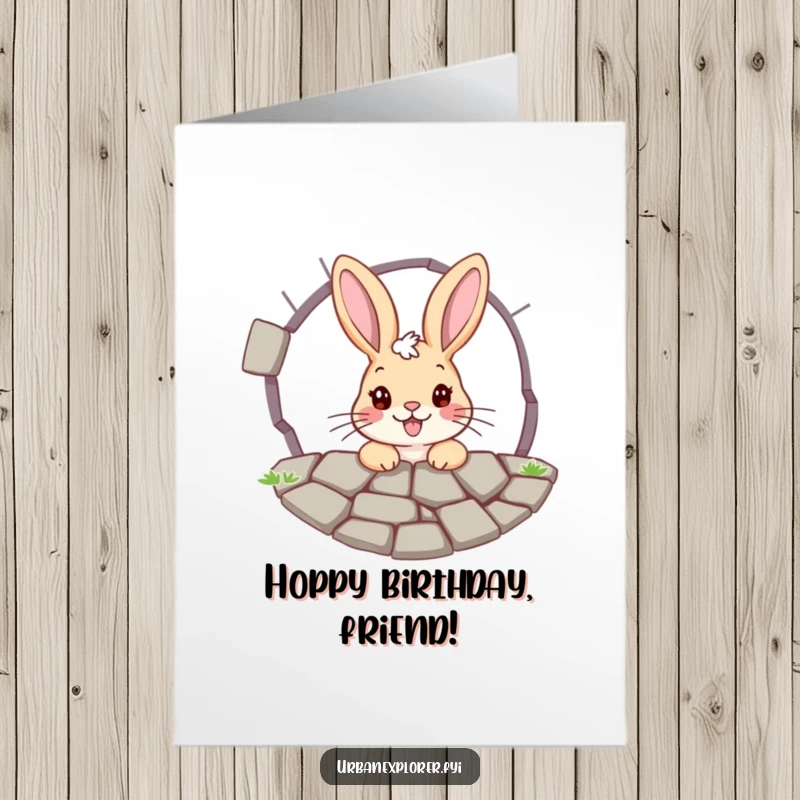 Funny Free Printable Birthday Card: A cheerful bunny with wide eyes peers curiously through a cracked pavement grate.