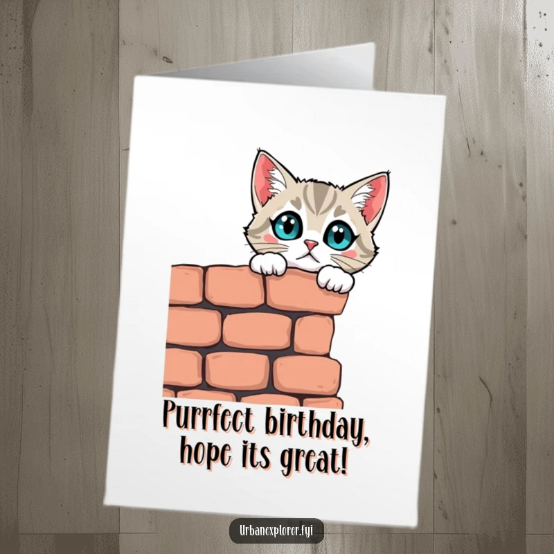 Funny Free Printable Birthday Card: Curious cat peering over a crumbling brick wall, eyes wide with wonder and birthday excitement.