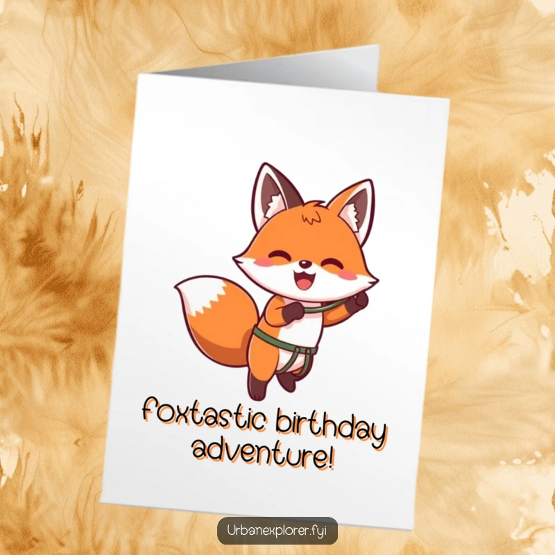 Funny Free Printable Birthday Card: Kawaii fox enthusiastically using a grappling hook to ascend a wall, celebrating.