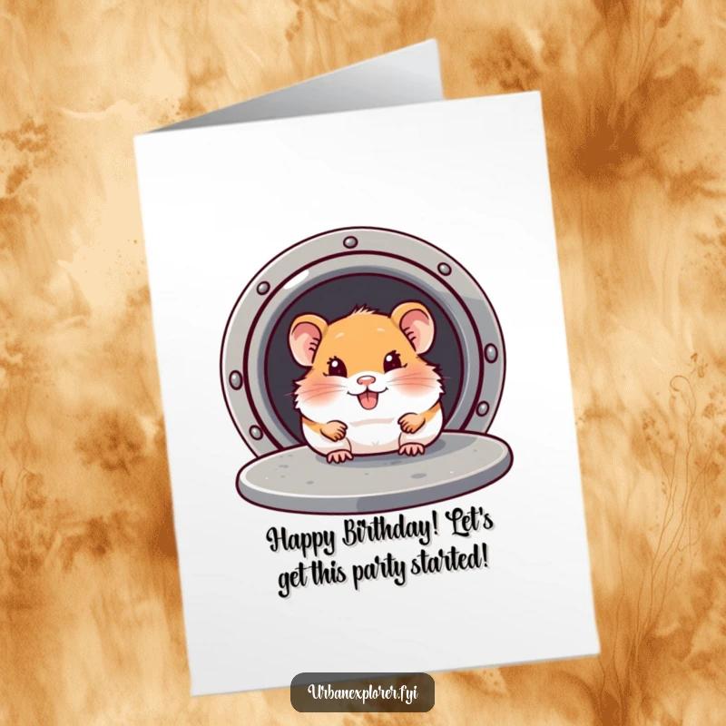 Funny Free Printable Birthday Card: A smiling hamster peeks out from beneath a loose manhole cover, ready to wish happy birthday.