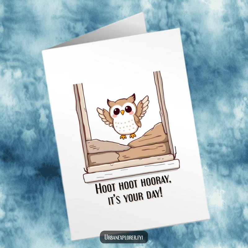 Funny Free Printable Birthday Card featuring a joyful owl landing on a broken window ledge, ready to deliver birthday wishes.