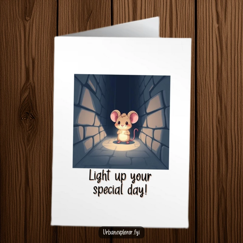 Funny Free Printable Birthday Card: A tiny mouse with a headlamp beams light into a dark alley, symbolizing exciting birthday discoveries.