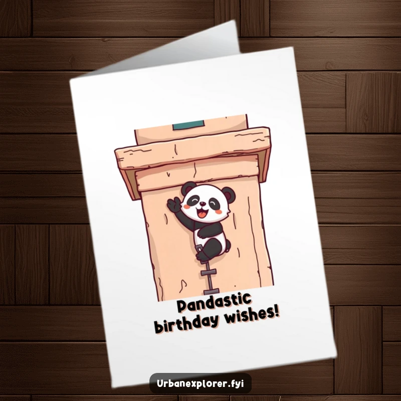 Funny Free Printable Birthday Card: Kawaii panda joyfully scaling a tall, weathered building facade, celebrating a birthday.