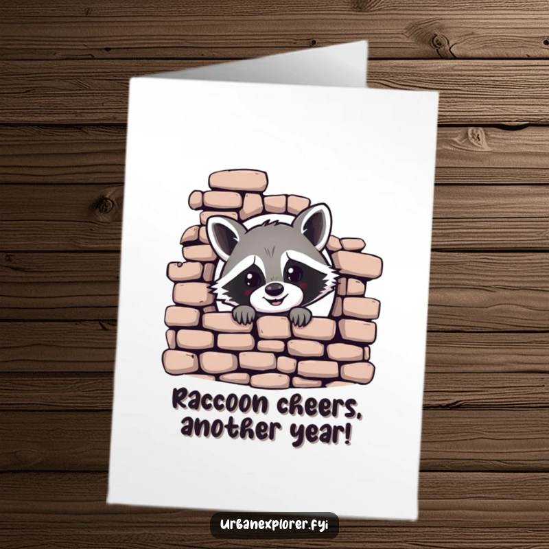 Funny Free Printable Birthday Card: Cheerful raccoon peeking out from behind a crumbling brick wall, plotting birthday fun.