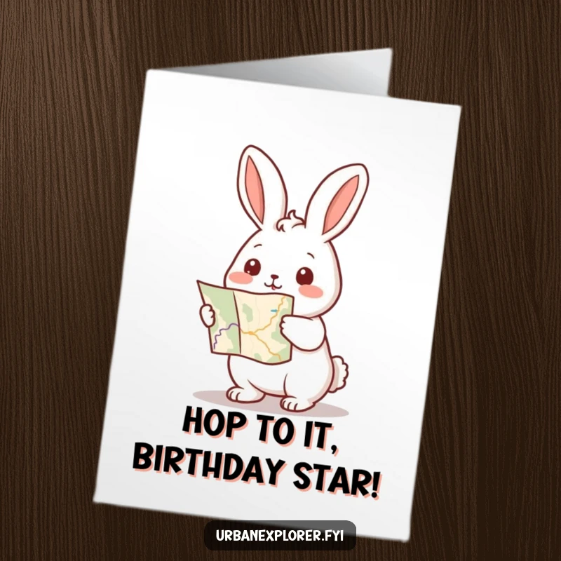 Funny Free Printable Birthday Card: A tiny Kawaii rabbit clutches a map, pointing enthusiastically forward towards a birthday celebration.