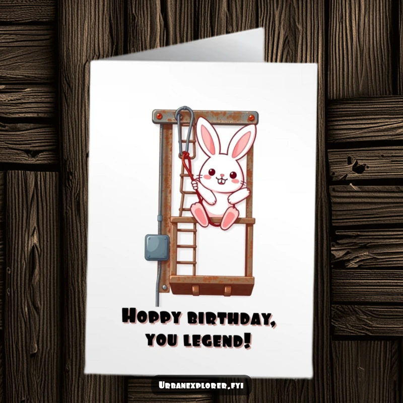 Funny Free Printable Birthday Card: A kawaii bunny rappels down a rusty fire escape, celebrating joyfully.