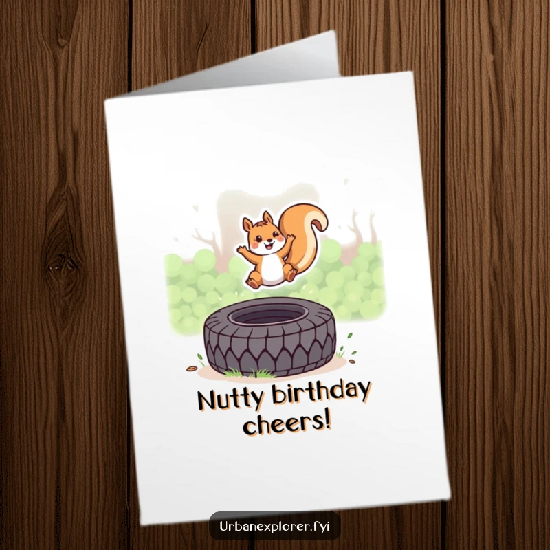 Funny Free Printable Birthday Card: A kawaii squirrel joyfully leaps over a discarded tire, celebrating.