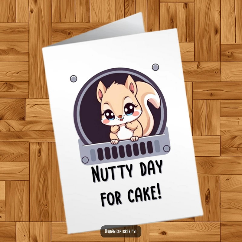 Funny Free Printable Birthday Card: Mischievous Kawaii squirrel peeking through a grate, wide-eyed and curious for a birthday surprise.