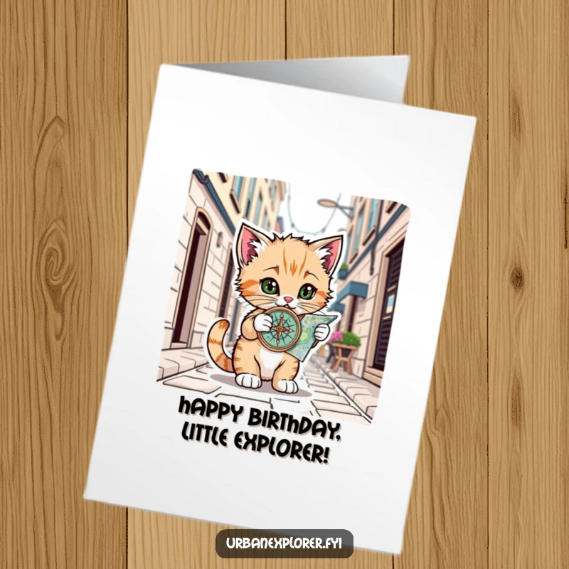 Funny Free Printable Birthday Card: A playful kitten uses a compass and map to explore a city alley, ready for birthday fun.