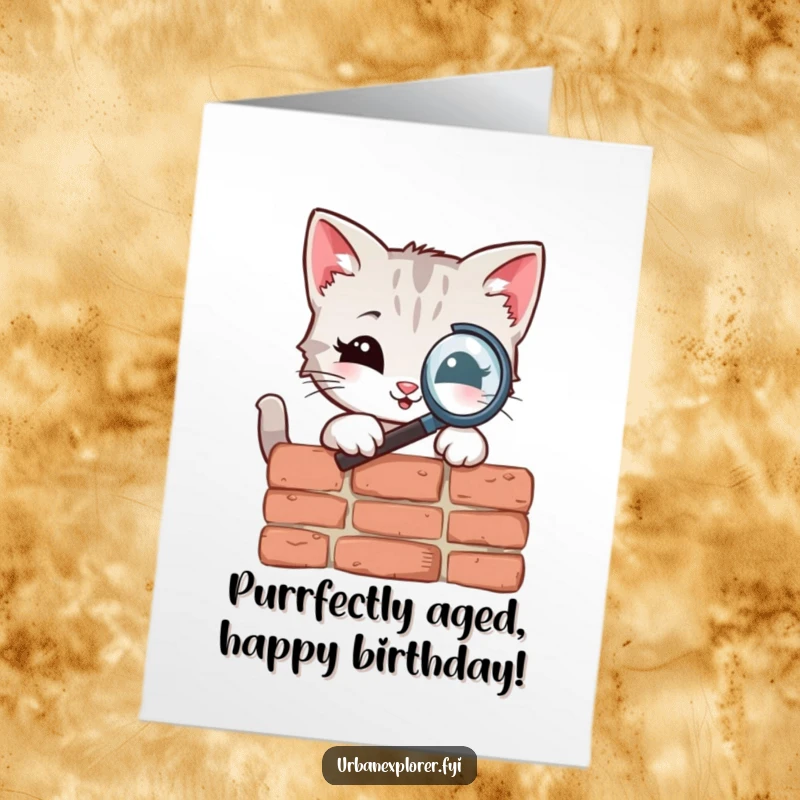 Funny Free Printable Birthday Card: Kitten intently examines a brick with a magnifying glass, seeking birthday surprises with charming curiosity.