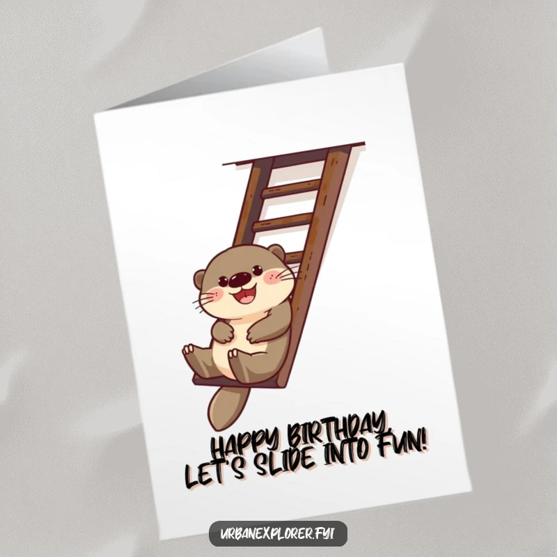 Funny free printable birthday card featuring a happy otter sliding gleefully down a rusty fire escape ladder.