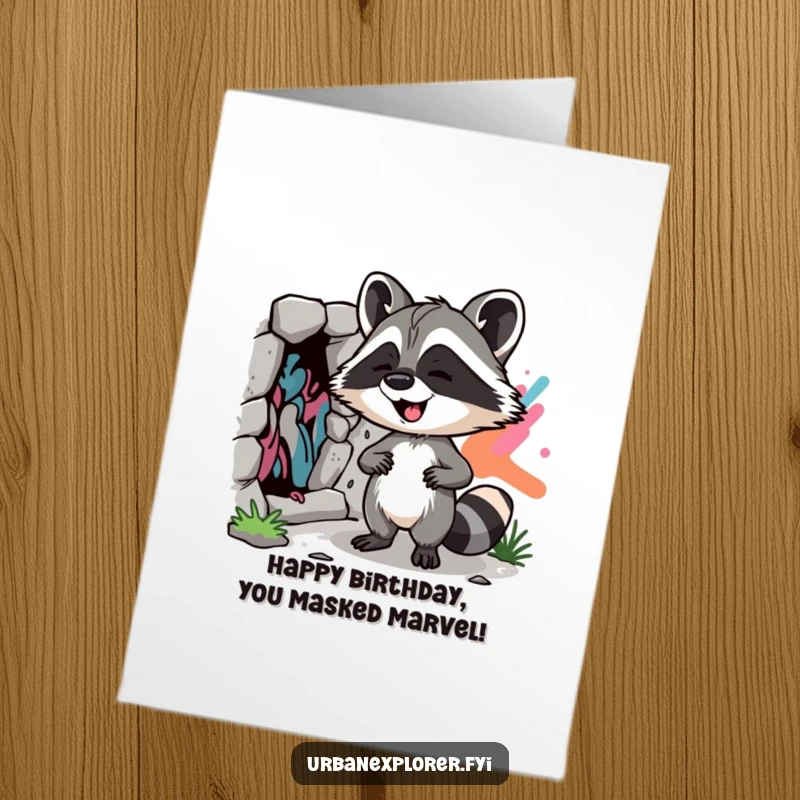 Funny Free Printable Raccoon Birthday Card, a giggling raccoon discovers vibrant street art, perfect for a creative and funny downloadable gift.