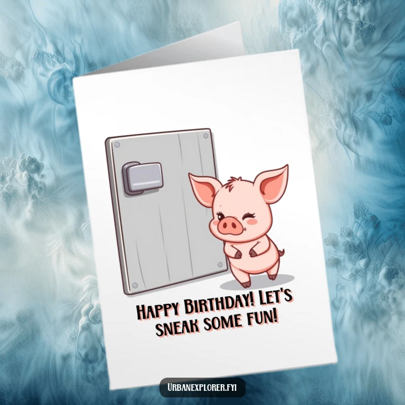 Funny Free Printable Birthday Card: A happy, winking piglet tiptoes past a padlocked door on a secret birthday mission.