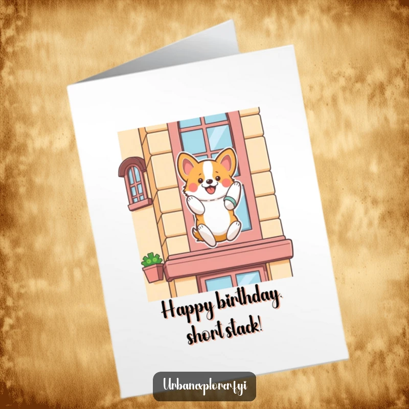Funny Free Printable Birthday Card: A fluffy corgi enthusiastically rappels down a stylized building facade with joyful abandon.