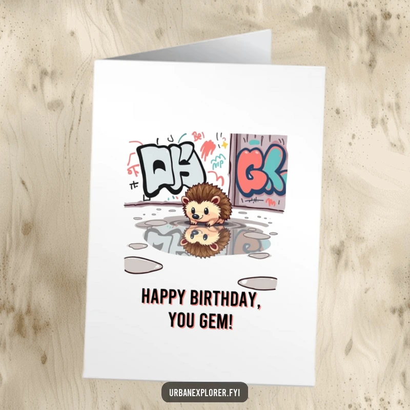 Funny Free Printable Birthday Card: Curious hedgehog's reflection in a puddle near a graffiti wall.
