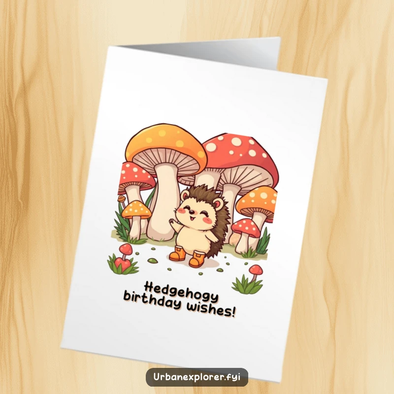 Funny Free Printable Birthday Card: A happy hedgehog in boots explores giant colorful mushrooms, perfect for a magical birthday surprise.